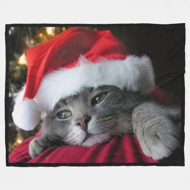 Cat Wearing Santa Hat Fleece Blanket (Front (Horizontal))