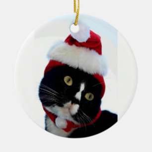 Cat wearing santa hat photograph, BW kitty Ceramic Tree Decoration
