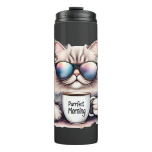 cat wearing sunglasses and holding a coffee mug