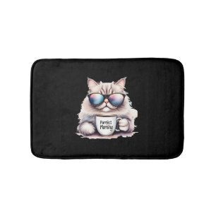 cat wearing sunglasses and holding a coffee mug bath mat