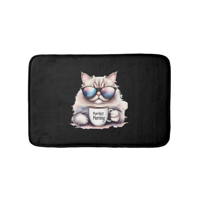 cat wearing sunglasses and holding a coffee mug bath mat (Front)