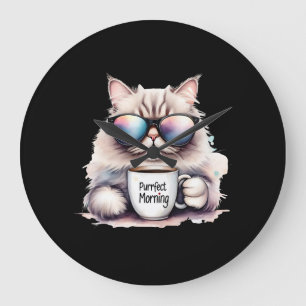 cat wearing sunglasses and holding a coffee mug large clock