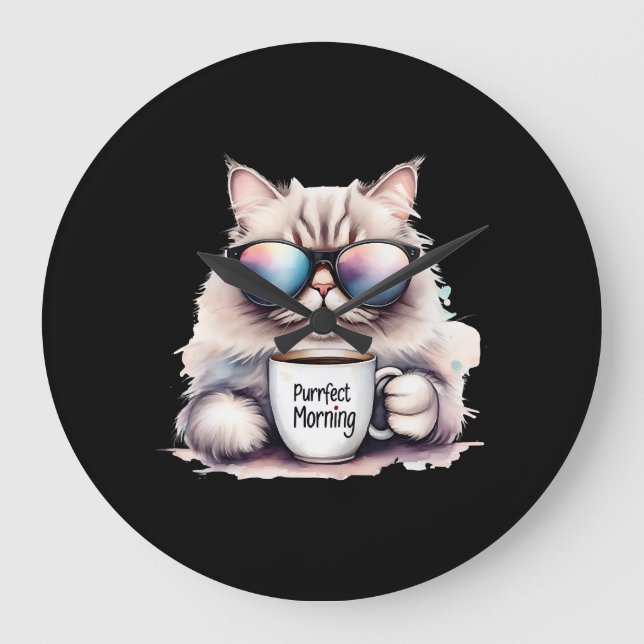 cat wearing sunglasses and holding a coffee mug large clock (Front)