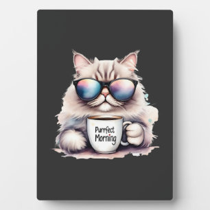 cat wearing sunglasses and holding a coffee mug plaque