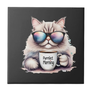 cat wearing sunglasses and holding a coffee mug tile