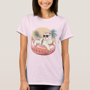 cat wearing sunglasses in a pink swimming ring T-Shirt
