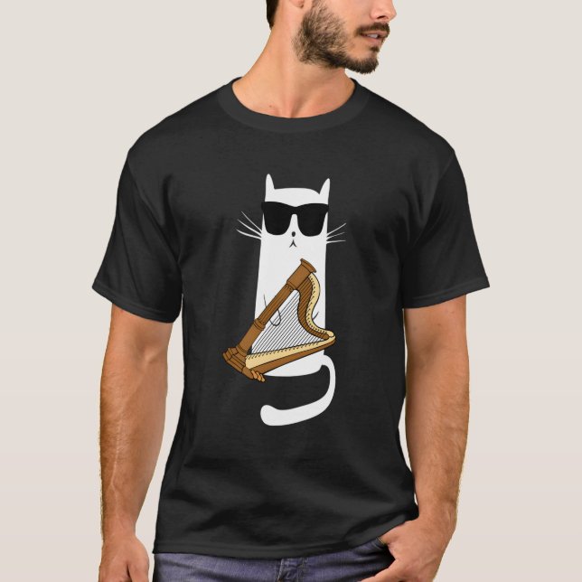 Cat Wearing Sunglasses Playing Harp T-Shirt (Front)