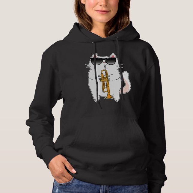 Cat Wearing Sunglasses Playing Trumpet Kitty Hoodie (Front)