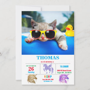Cat wearing sunglasses relaxing on air mattress invitation