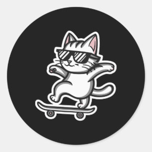 Cat Wearing Sungles Funny Skateboarding Cat Skateb Classic Round Sticker