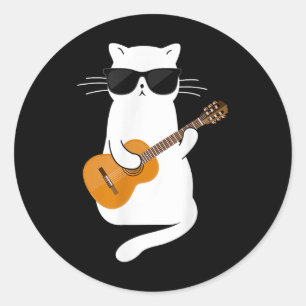 Cat Wearing Sungles Playing Guitar Guitarist  Classic Round Sticker