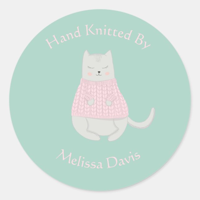 Cat Wearing Sweater Personalised Knitted by Classic Round Sticker (Front)