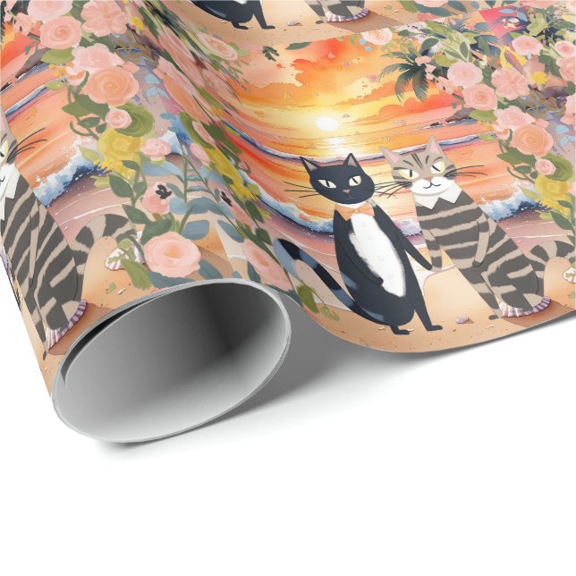 Cat Wedding with Bride and Groom beach themed Wrapping Paper (Roll Corner)