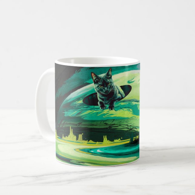 Cat Weird Space Landscape Surreal Coffee Mug Green (Front Left)