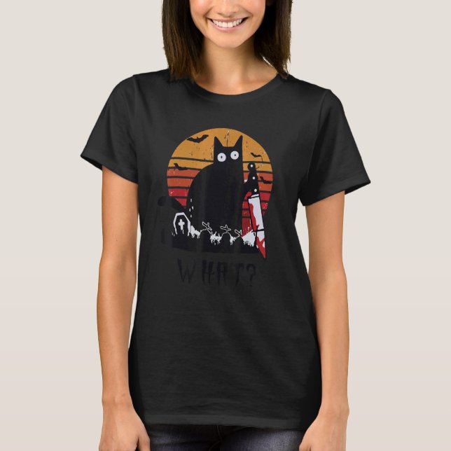 Cat Wha Black Cat With Knife Killer Halloween T-Shirt (Front)