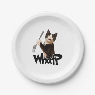 Cat What Funny Black Cat, Cat With Fork Paper Plate