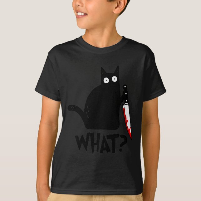 Cat What_ Funny Black Cat Murderous Cat With Knife T-Shirt (Front)