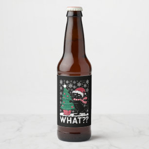 Cat What Funny Black Cat Pushing Christmas Tree Beer Bottle Label