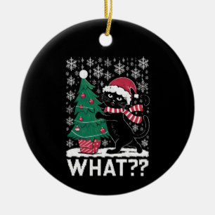Cat What Funny Black Cat Pushing Christmas Tree  Ceramic Tree Decoration