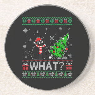 Cat What Funny Black Cat Pushing Christmas Tree Coaster