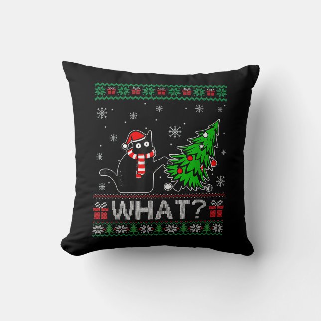 Cat What Funny Black Cat Pushing Christmas Tree Cushion (Front)
