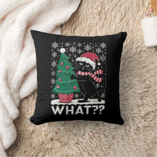 Cat What Funny Black Cat Pushing Christmas Tree  Cushion