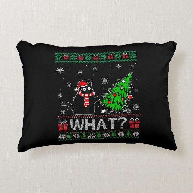 Cat What Funny Black Cat Pushing Christmas Tree Decorative Cushion (Front)