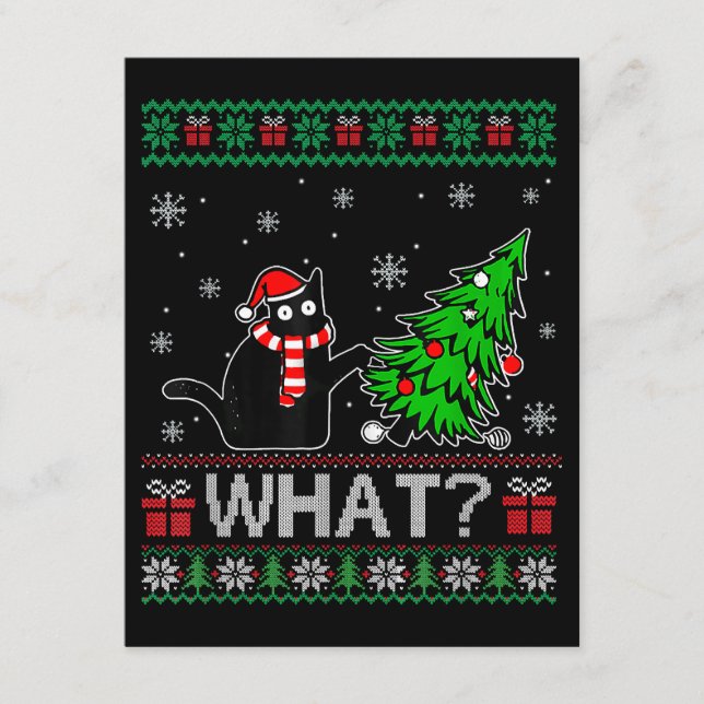 Cat What Funny Black Cat Pushing Christmas Tree Enclosure Card (Front)