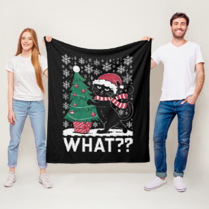Cat What Funny Black Cat Pushing Christmas Tree Fleece Blanket