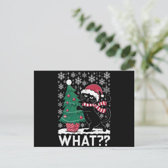 Cat What Funny Black Cat Pushing Christmas Tree  Holiday Postcard (Standing Front)