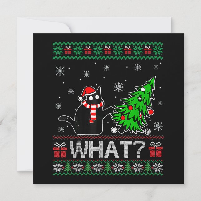Cat What Funny Black Cat Pushing Christmas Tree Invitation (Front)