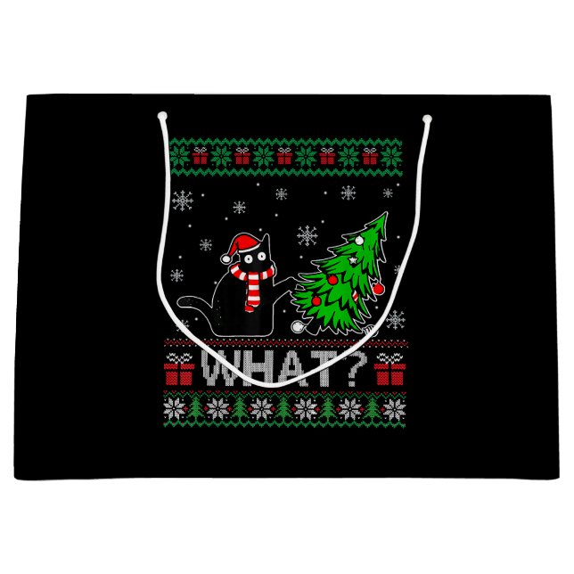 Cat What Funny Black Cat Pushing Christmas Tree Large Gift Bag (Front)