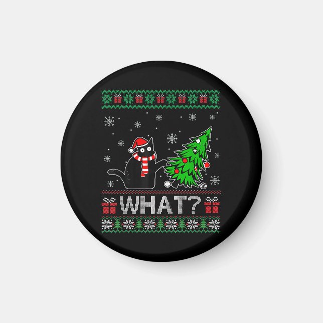 Cat What Funny Black Cat Pushing Christmas Tree Magnet (Front)