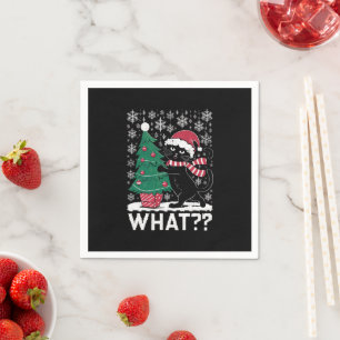 Cat What Funny Black Cat Pushing Christmas Tree  Napkin