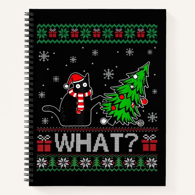 Cat What Funny Black Cat Pushing Christmas Tree Notebook (Front)