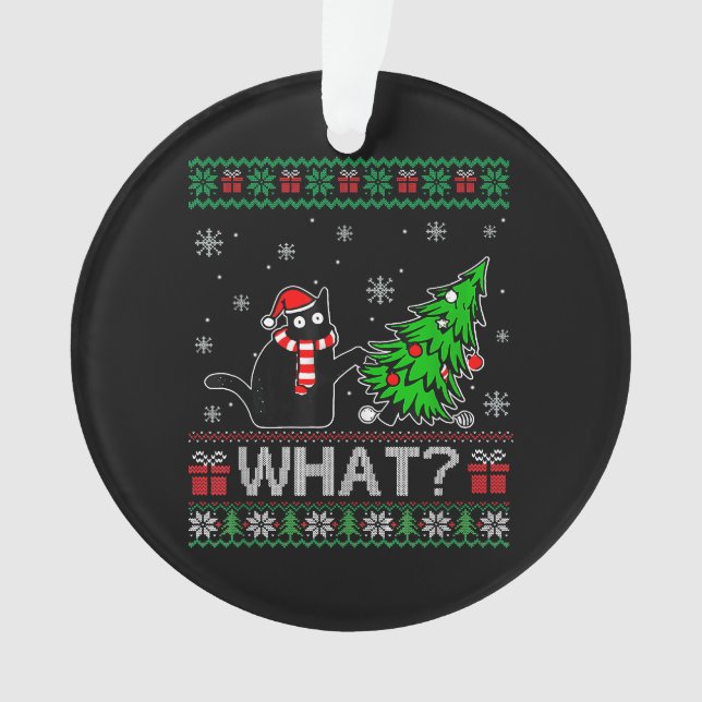 Cat What Funny Black Cat Pushing Christmas Tree Ornament (Front)