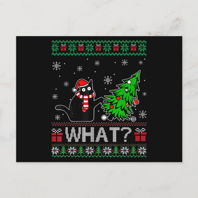 Cat What Funny Black Cat Pushing Christmas Tree Postcard (Front)
