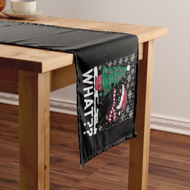 Cat What Funny Black Cat Pushing Christmas Tree  Short Table Runner (In Situ)