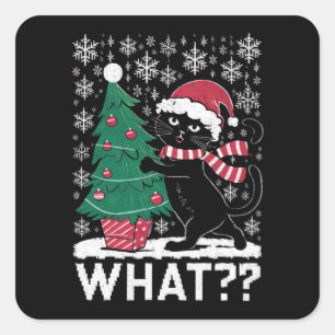 Cat What Funny Black Cat Pushing Christmas Tree  Square Sticker
