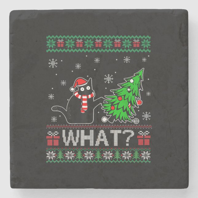 Cat What Funny Black Cat Pushing Christmas Tree Stone Coaster (Front)