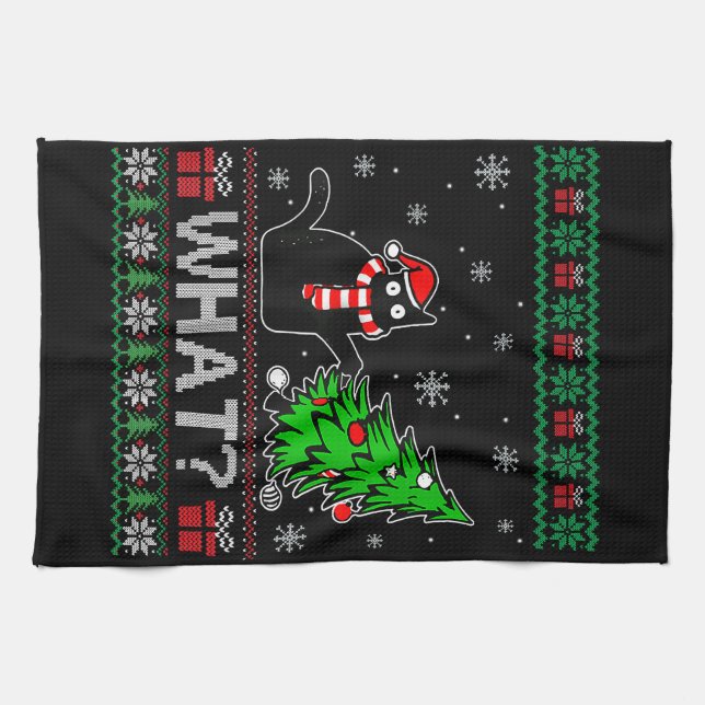 Cat What Funny Black Cat Pushing Christmas Tree Tea Towel (Horizontal)