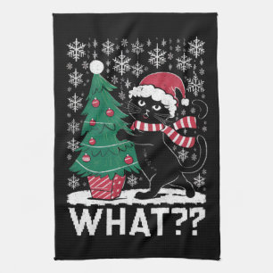 Cat What Funny Black Cat Pushing Christmas Tree  Tea Towel