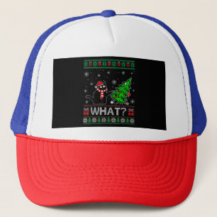 Cat What Funny Black Cat Pushing Christmas Tree Trucker Hat