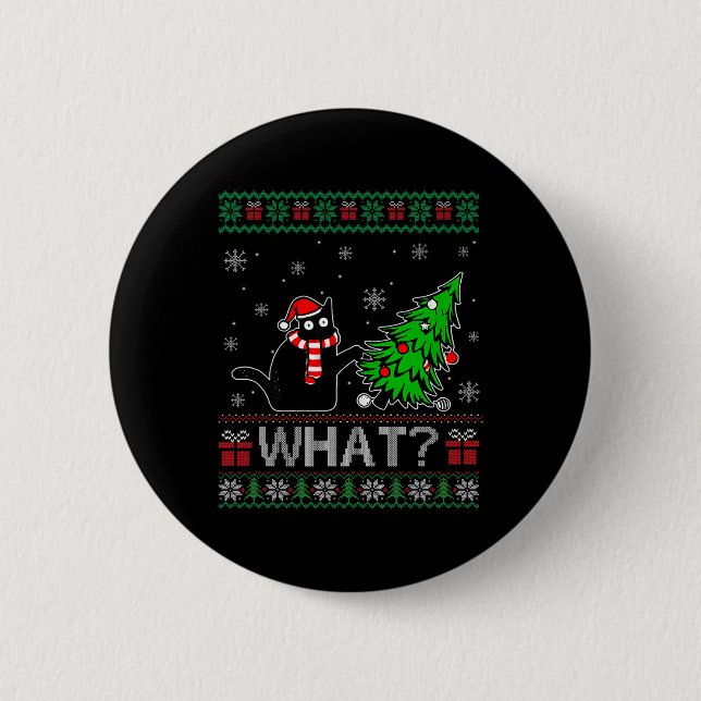Cat What Funny Black Cat Pushing Christmas Tree Ug 6 Cm Round Badge (Front)