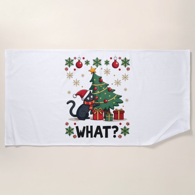 Cat What Funny Black Cat Pushing Christmas Tree Ug Beach Towel (Front)
