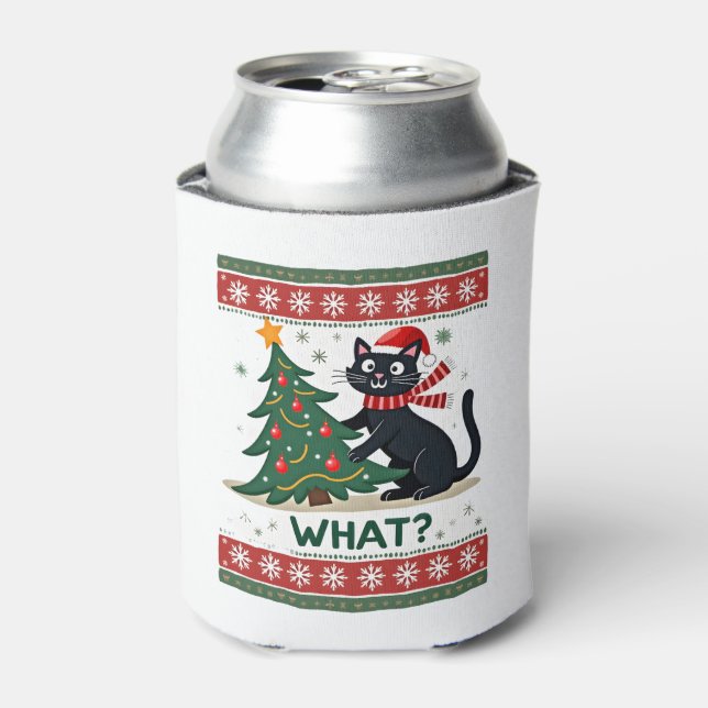 Cat What Funny Black Cat Pushing Christmas Tree Ug Can Cooler (Can Front)