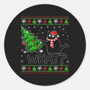 Cat What Funny Black Cat Pushing Christmas Tree Ug Classic Round Sticker
