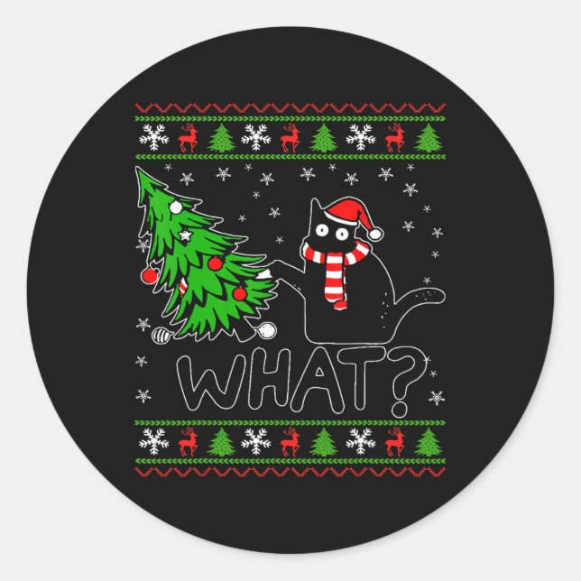 Cat What Funny Black Cat Pushing Christmas Tree Ug Classic Round Sticker (Front)