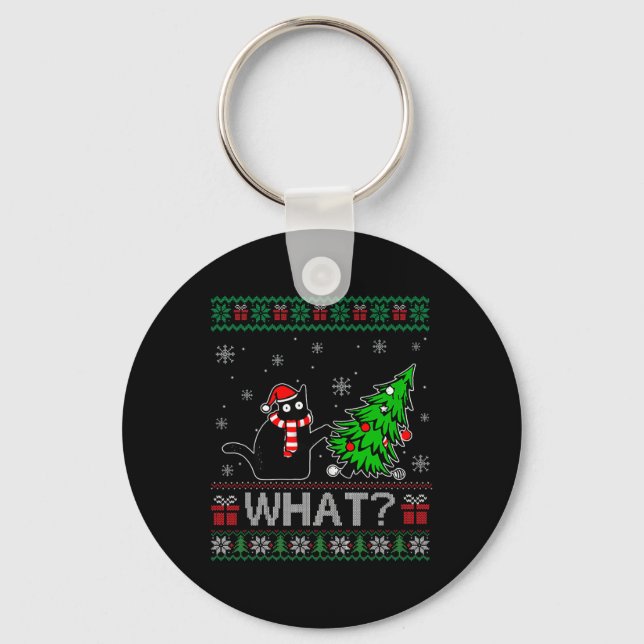 Cat What Funny Black Cat Pushing Christmas Tree Ug Key Ring (Front)