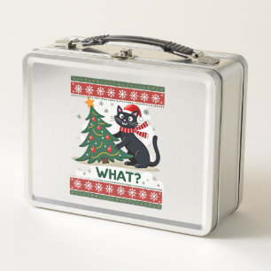 Cat What Funny Black Cat Pushing Christmas Tree Ug Metal Lunch Box